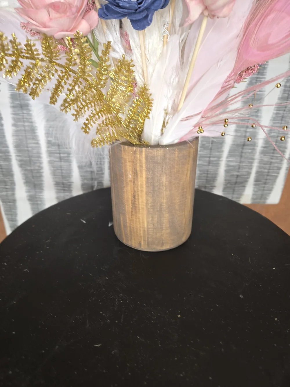 Navy Blue & Blush Pink Sola Wood Flower Arrangement with Feathers + Wood Vase